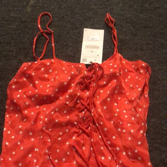 Zara Brand Red Satin Effect  Bodysuit White Star Print Sz M Medium NWT - Picture 2 of 6